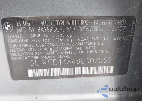 2008 BMW X5 3.0Si z USA, uszkodzony, nr VIN 5UXFE43548L007052